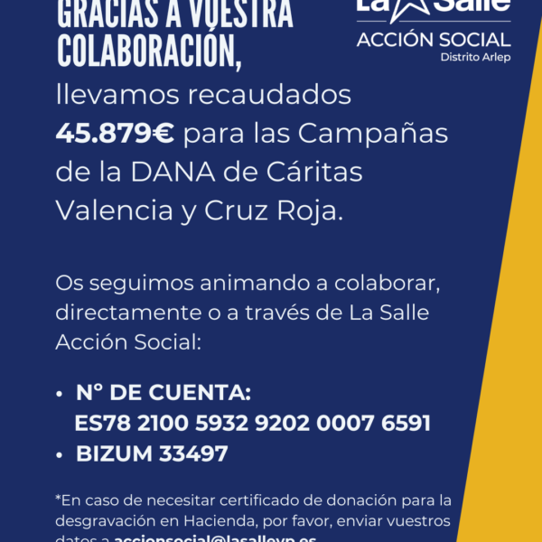 La Salle Acción Social anima a colaborar para ayudar a los afectados por la dana